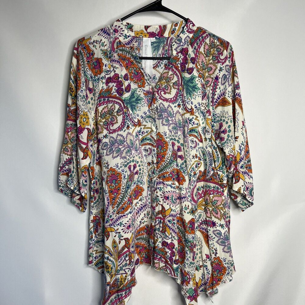 Grand & Greene Blouse Women SZ Medium Tunic Asymmetric Handkerchief Button